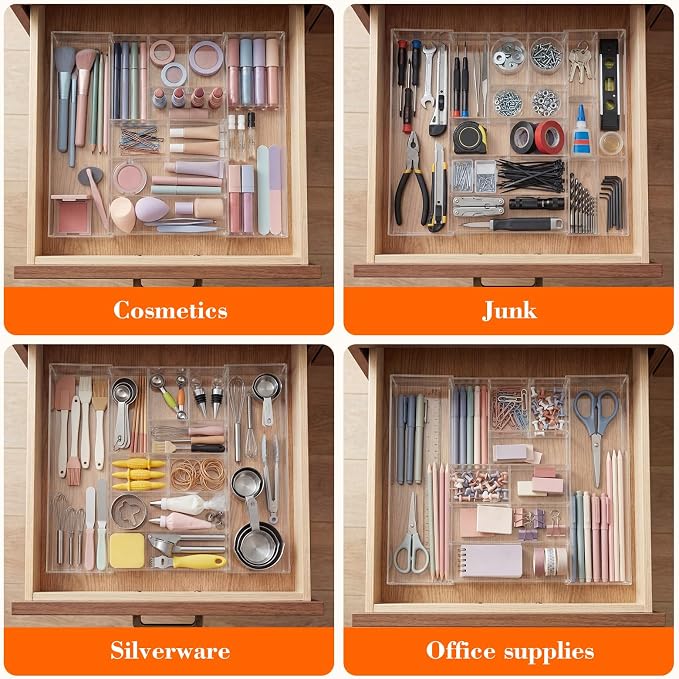 Briwooody Clear Acrylic Drawer Organizer Expandable,9 Compartments,Large | 9'' up to 18'' x 12'' x 2.1'' Desk Drawer Organizer Trays Adjustable with Desk Accessories for Makeup Office Bathroom - Image 6