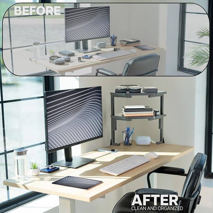 VIVO Corner Clamp-on 17 inch Above or Below Desk 2-Tier Shelving Unit for Table Accessories, Gaming Devices, and More, Storage Desk Attachment Organizer, Black, STAND-SHELF2CR - Image 9