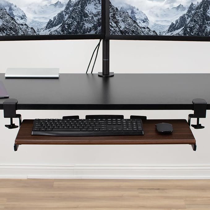 VIVO Dark Walnut Large 27 x 11 in Under Desk Keyboard Tray, MOUNT-KB05D | Keyboard Tray for Typing, Slide Out Platform, Extra Sturdy C-Clamp Mount System, Computer Drawer, Black Frame - Image 9