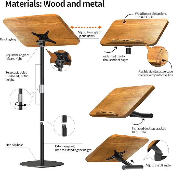 2-in-1 Floor Music Stand & Desktop Book Stand, 16.5"–51" Height Adjustable | 100% Solid Wood, Floor Reading Stand with Page Clip for Sheet Music, Cookbooks, Projector (Rubberwood, 11.8" x 16.5" Panel) - Image 7