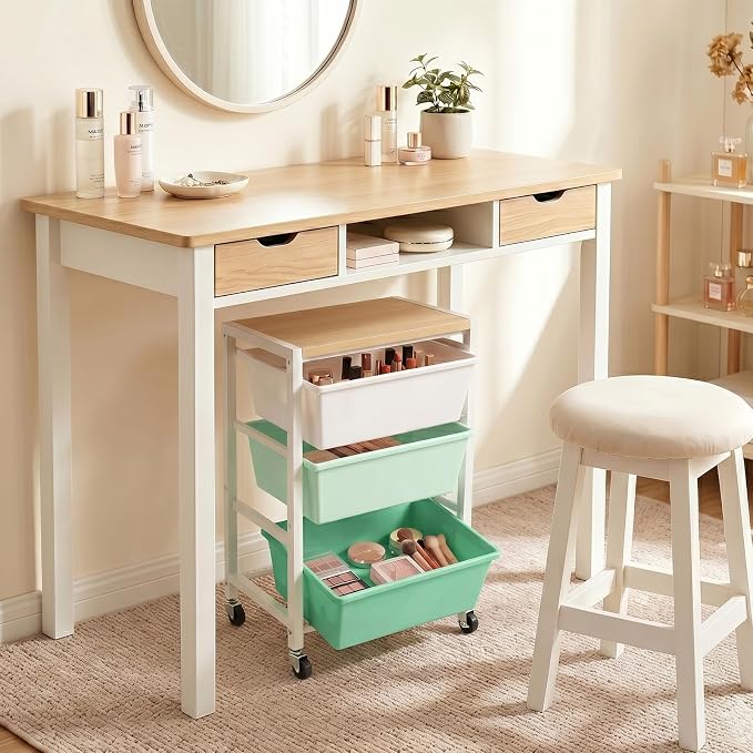 Rolling Cart with 3 Drawers, Plastic Drawer Storage Carts with Lockable Wheels & Wooden Tabletop, Metal Art Craft Utility Cart Organizer for Home Office Bedroom Dorm Bedside Classroom, Bright Green - Image 8