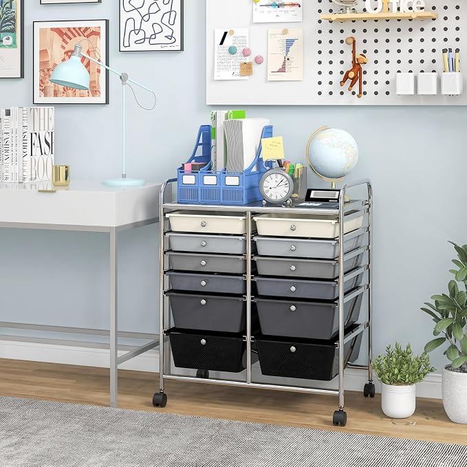 COSTWAY 12-Drawer Rolling Storage Cart, Moveable Art Craft Organizer | Lockable Wheels, Metal Shelf, Files Arrangement Tools Makeup Storage Cart for Office, Home, School (Mixed Black) - Image 9