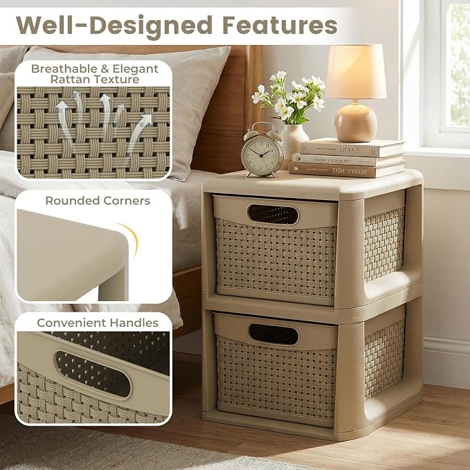 Giantex 2-Drawer Storage Organizer, Plastic Wicker Tower Baskets, Counterop & Under-desk Compact Container Boxes for Office, Bedroom, Bathroom, Living Room, Taupe - Image 9