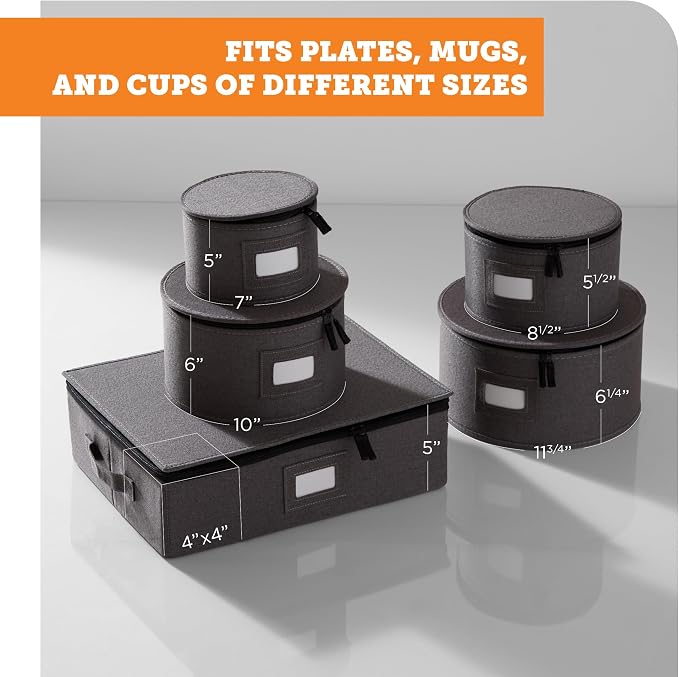 5-Piece China Storage Set | Plates & Mugs | Woven Linen | Gray | Full China Set For 12 - 4 Plate Cases + Mug Case, Zipper Closure. Hard Shell, Felt Dividers, Stackable, Top-Load. - Image 7