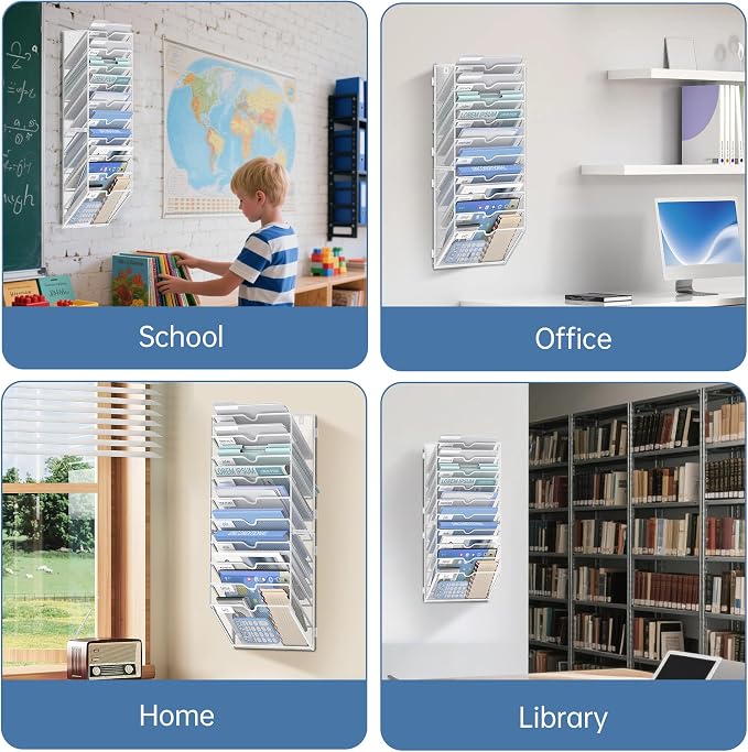 10-Tier Wall File Organizer and Hanging File Organizer, White | Wall Organizer and Wall Mounted File Holder with 14 Pockets and Label Panels for Files, Mail, Folders, Magazines and Paper - Image 8