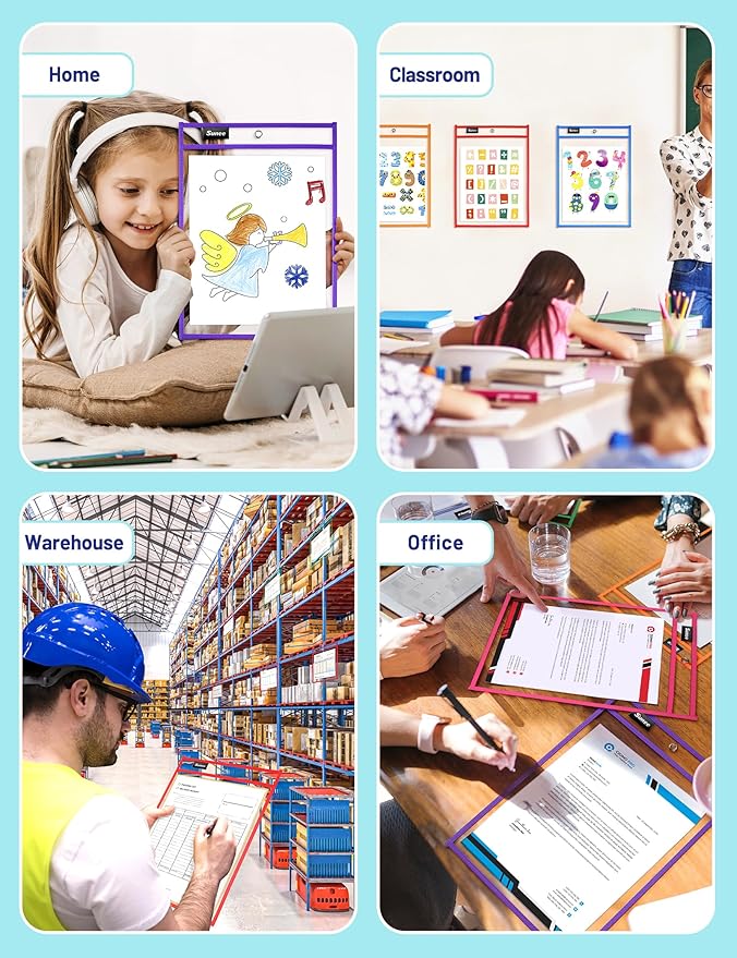 SUNEE 30 Packs Oversized Reusable Dry Erase Pocket Sleeves with 2 Rings, 10 Assorted Colors 10x14 Ticket Holders, Clear Plastic Sheet Protectors, Teacher School Classroom Supplies - Image 7