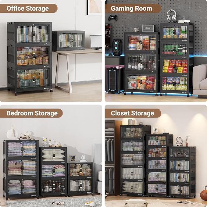 BROVIEW 320Qt Stackable Storage Bins with Lid, Extra Large Closet Organizer Collapsible Drawer Boxes with Wheels, Folding Plastic Cabinet Containers for Home Kitchen Room Organization, 4Pack Black - Image 9