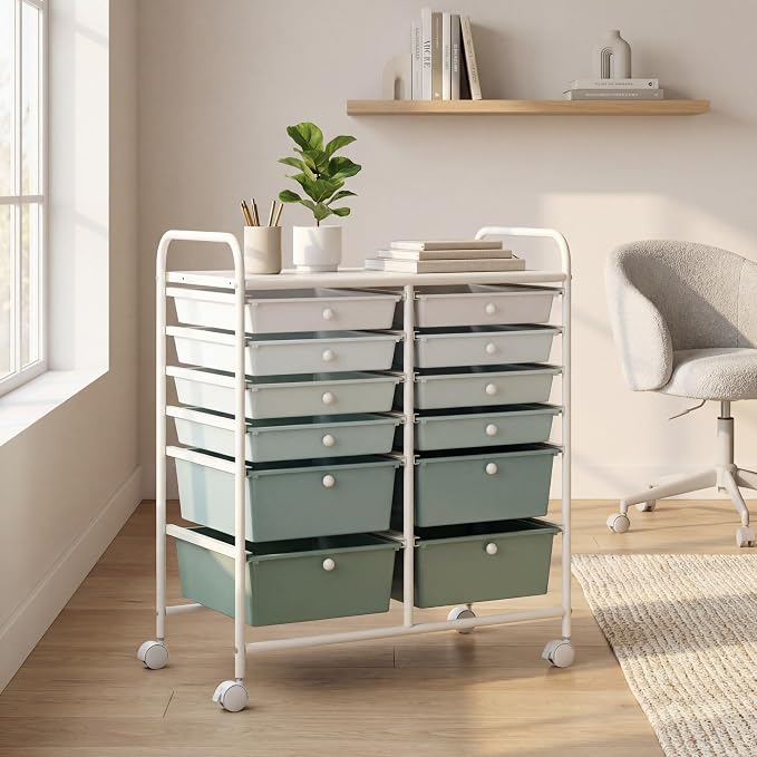 GOFLAME 12-Drawer Rolling Storage Cart, Multipurpose Organizer with 2 Sizes Plastic Drawers, Mobile Utility Cart with Lockable Casters for Home, Office, Beauty Salon, School, Green Gradient - Image 9