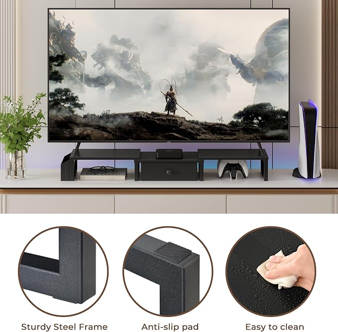 LAND·VOI Dual Monitor Stand with Drawer and Side Pockets, Monitor Riser for Desk, Home Office Desk Storage, Multi-Scenario Adaptation for Work and Entertainment, Black, HMS02BK - Image 9