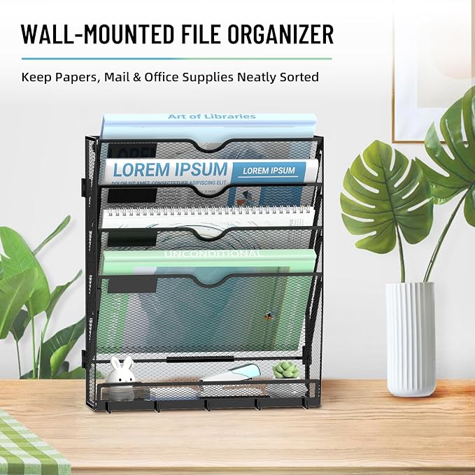 5-Tier Wall File Organizer with 5 Hooks, Wall Mounted Mail Organizer | File Holder Organizer, Metal Mesh Office Wall Organizer for Home, School & Classroom - Image 8