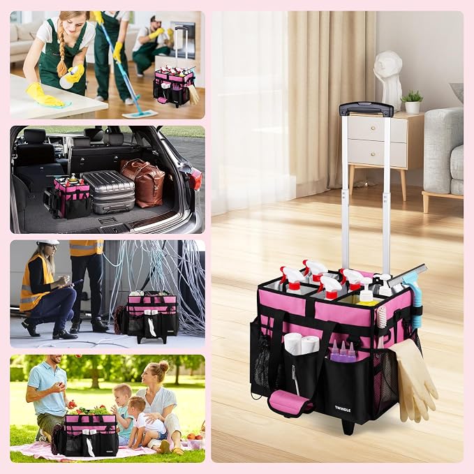 Cleaning Caddy with Wheels, Rolling Cleaning Supplies Organizer with Bottom Board, Dividers & Shoulder Strap, Portable Utility Tote with Small Trolley, Rose Pink - Image 7