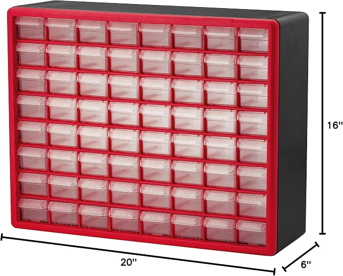 Akro-Mils 64-Drawer Plastic Drawer Storage Cabinet for Garage Organization, Bead Organizer, Building Bricks Storage, Teacher Toolbox, Makeup Organizer, 20-Inch W x 6-Inch D x 16-Inch H, 10164 Red - Image 14