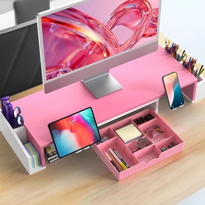 Simple Houseware Desk Dual Monitor Stand Riser with Drawer, Pink | Customizable Organizer Tray, Built-In Phone & Tablet Slot and Side Storage - Image 7