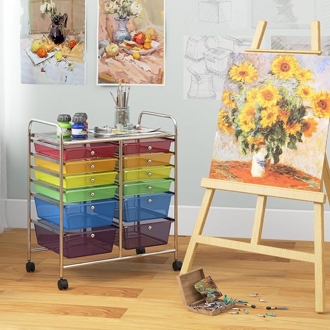 COSTWAY 12-Drawer Rolling Storage Cart, Moveable Art Craft Organizer | Lockable Wheels, Metal Shelf, Files Arrangement Tools Makeup Storage Cart for Office, Home, School (Rainbow) - Image 9