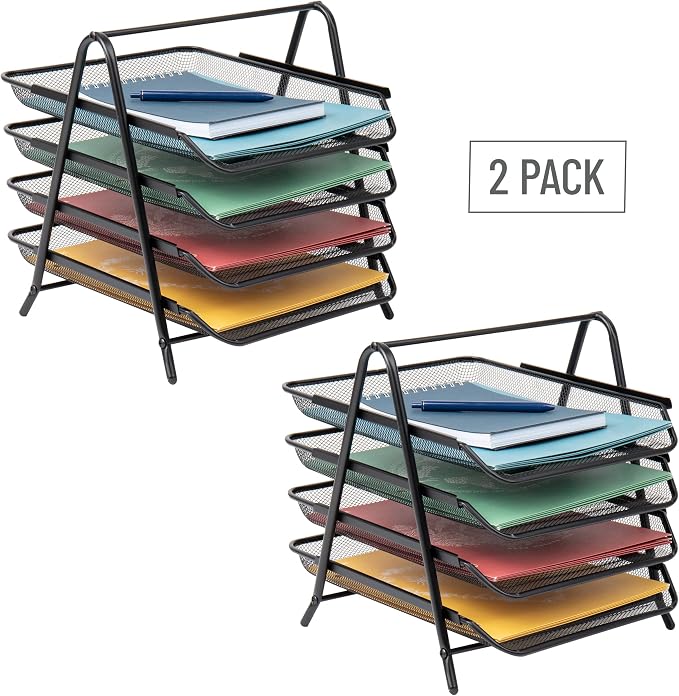 Mind Reader 4-Tier Paper Tray, Desktop Organizer, File Storage, Office, Metal Mesh, 12" L x 13.75" W x 12.5" H, Pack of 2, Black - Image 7
