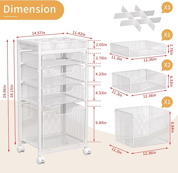 Rolling File Cart with 4 Storage Drawers, Under Desk Filing Cabinet with DIY Divider, Hanging File Folder Organizer on Wheels, Fits A4/Letter Size, Metal Utility Cart for Home Office, White - Image 7