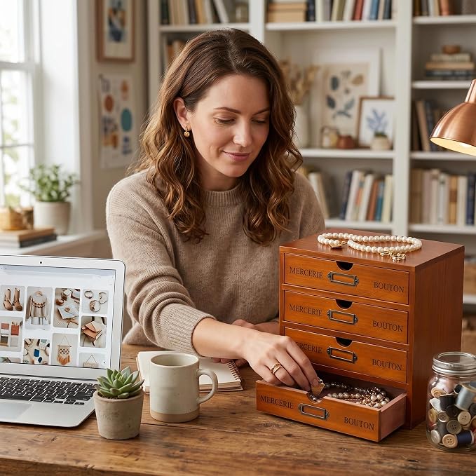 Wesiti Wooden Desk Organizer with 4 Drawers, Vintage Rustic Storage Cabinet for Home Office, Craft Room, Jewelry, Sewing Supplies - Apothecary Wood Desktop Drawer Box, Pre-assembled, Brown - Image 6