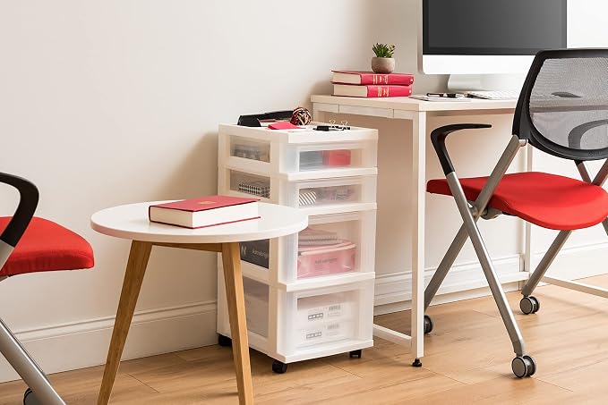 IRIS USA 4-Drawer Rolling Storage Cart, White/Clear | Keep craft supplies, office essentials, classroom items, and accessories organized with easy-access drawers for daily use - Image 8