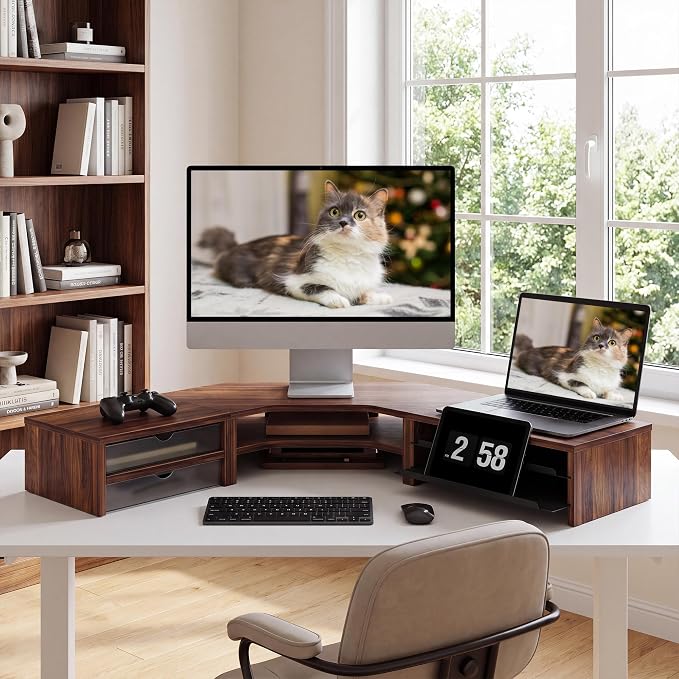 Fenge Dual Monitor Stand, Corner Desk Shelf with Drawer & Slide-Out Tray | Modular Design for Flexible Layouts, 2-Tier Storage Desktop Organizer for Computer, Laptop, Printer and Telephone - Image 8
