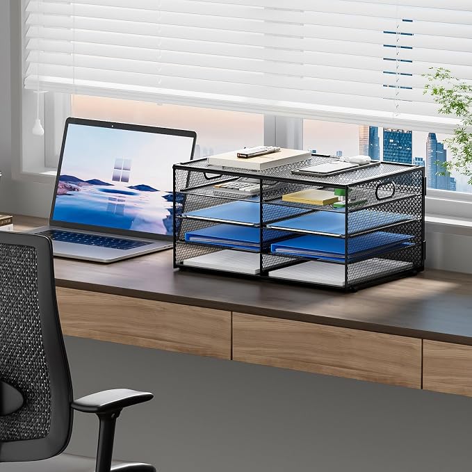 Lavatino 8 Compartments Paper Organizer for Desk, Mesh Literature Organizer, Mail File Sorter Tray with Handle, Desktop Mailbox for Office Classroom Home, Black - Image 6