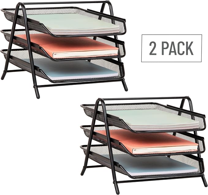Mind Reader 3-Tier Paper Tray, Desktop Organizer, File Storage, Office, Metal Mesh, 11.75" L x 13.75" W x 10" H, Set of 2, Black - Image 7