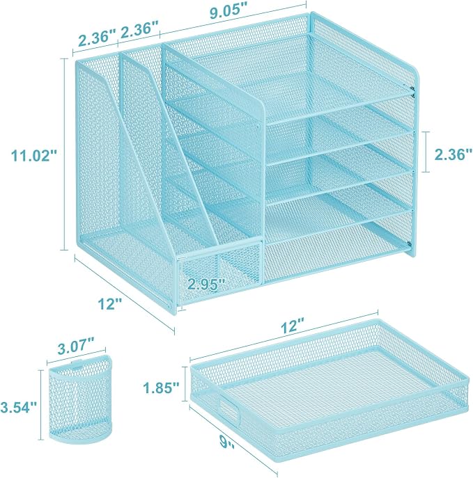 Marbrasse Desk Organizer with File Holder, 5-Tier Paper Letter Tray Organizer with Drawer and 2 Pen Holder, Mesh Desktop Organizer and Storage with Magazine Holder for Office Supplies(Blue) - Image 6