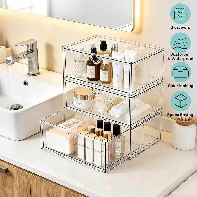 Prsildan Acrylic Makeup Organizer, 3 Pack Stackable Clear Storage Drawers for Baby Bottles Desk Organizers with 3 Drawers for Countertop Vanity Nursery Modular System for Cosmetics Jewelry - Image 7