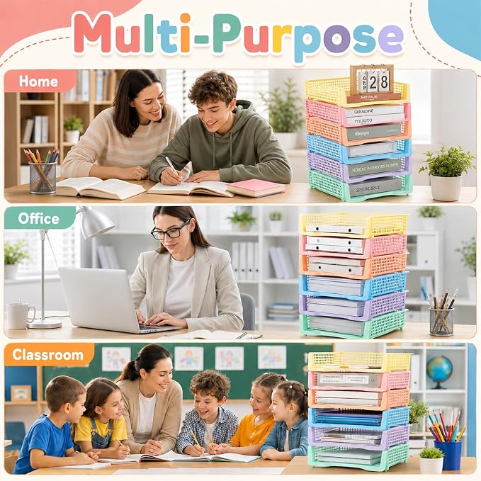 Set of 12 Pastel Turn in Trays for Teachers Stackable Classroom Paper Letter Trays Plastic Classroom Desk Letter Organizer Tray Storage Baskets for Library, Drawers, Office, Home - Image 7