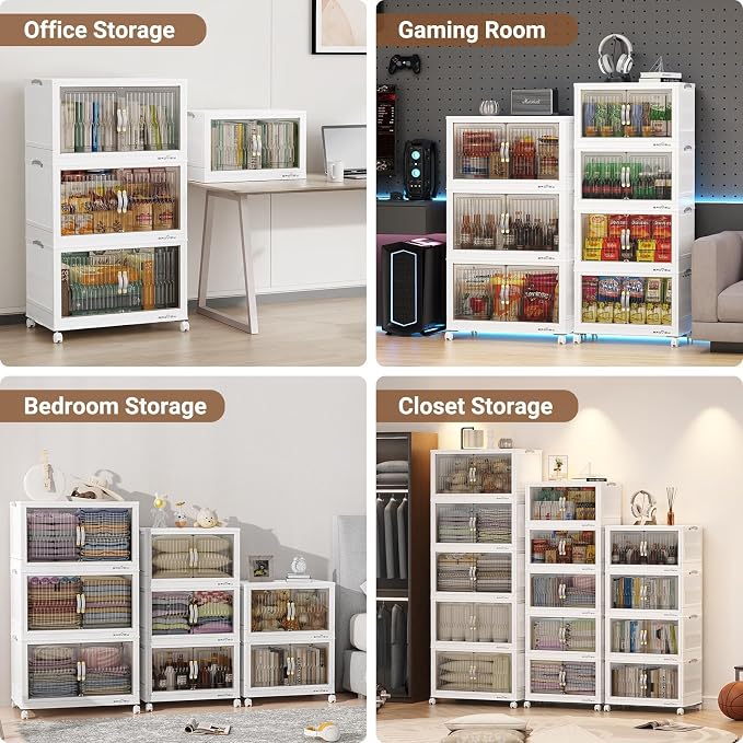 BROVIEW 240Qt Stackable Storage Bins with Lid, Extra Large Closet Organizer Collapsible Drawer Boxes with Wheels, Folding Plastic Cabinet Containers for Home Kitchen Room Organization, 3Pack White - Image 9