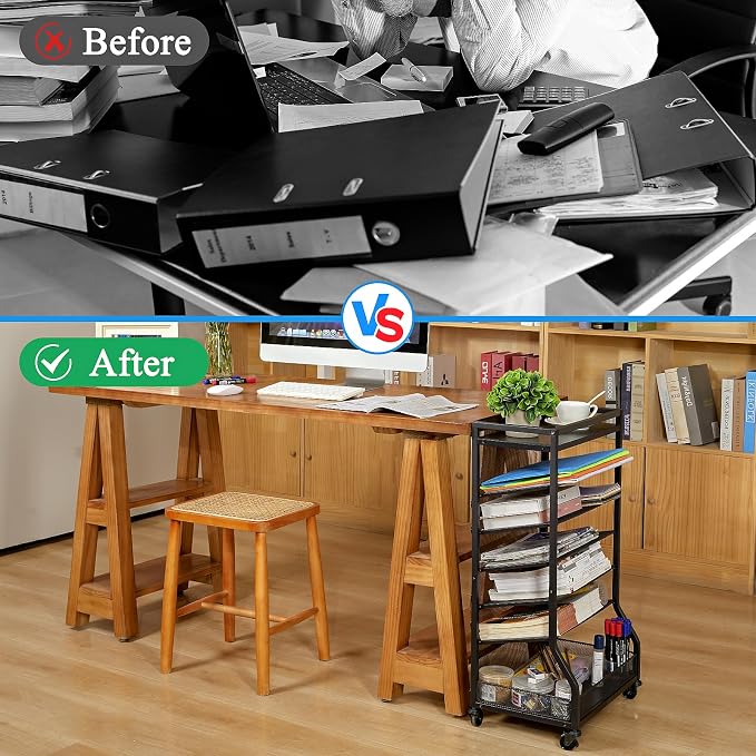 ThreeHio 7 Tier Rolling File Cart with Sliding Trays, Wood Metal File Organizer Beside Desk, Free-Standing File Holder, Paper Letter Tray Organizer Mesh Desk Organizer for Home Office School (Patent) - Image 7