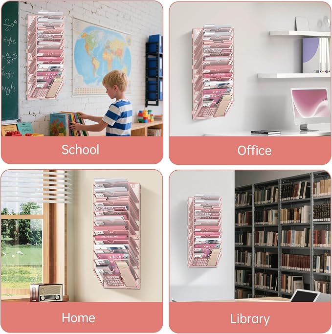 10-Tier Wall File Organizer and Hanging File Organizer, Pink | Wall Organizer and Wall Mounted File Holder with 10 Pockets and Label Panels for Files, Mail, Folders, Magazines and Paper - Image 8