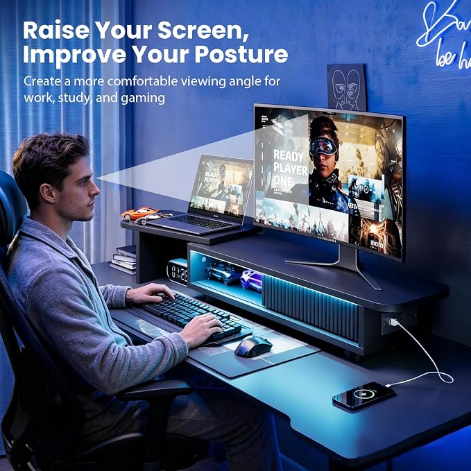 Artswish Dual Monitor Stand with Power Outlet, Black Desk Monitor Riser | 2 AC Outlets & 2 USB Ports, RGB Lighting, Sliding Storage, Flexible Side Shelf, Desk Riser for Work Study Gaming - Image 7