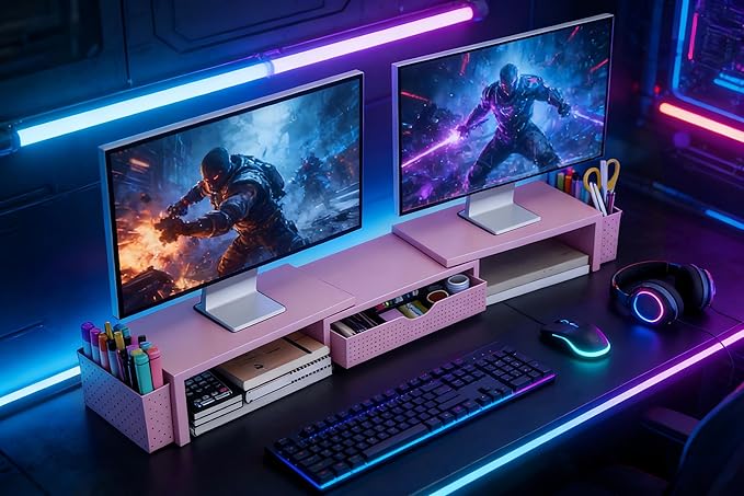 Spacrea Metal Desk Organizers and Accessories, Dual Monitor Stand Riser with Drawer and 2 Pen Holders, Desk Accessories & Workspace Desktop Organizers for Office Supplies (Pink) - Image 7