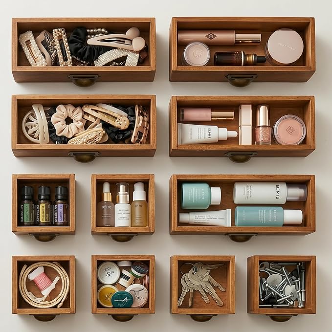 Modular Apothecary Cabinet with 48 Drawers I Stackable Library Card Catalog Organizer, Solid Wood Desktop Storage with Metal Label Holders for Makeup, Crafts, Oils, Tea & Office Supplies - Image 9