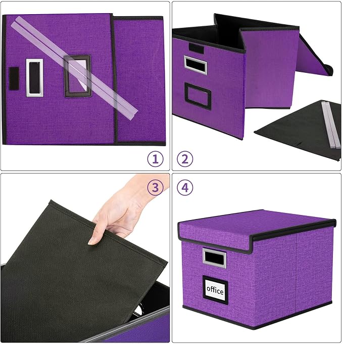 File Organizer Box with Lids, Collapsible File Folder Organizer | File Box with Plastic Slides for Office Document Storage, Filing Bin for Letter Size Hanging File Folders (1 Pack, Purple) - Image 7