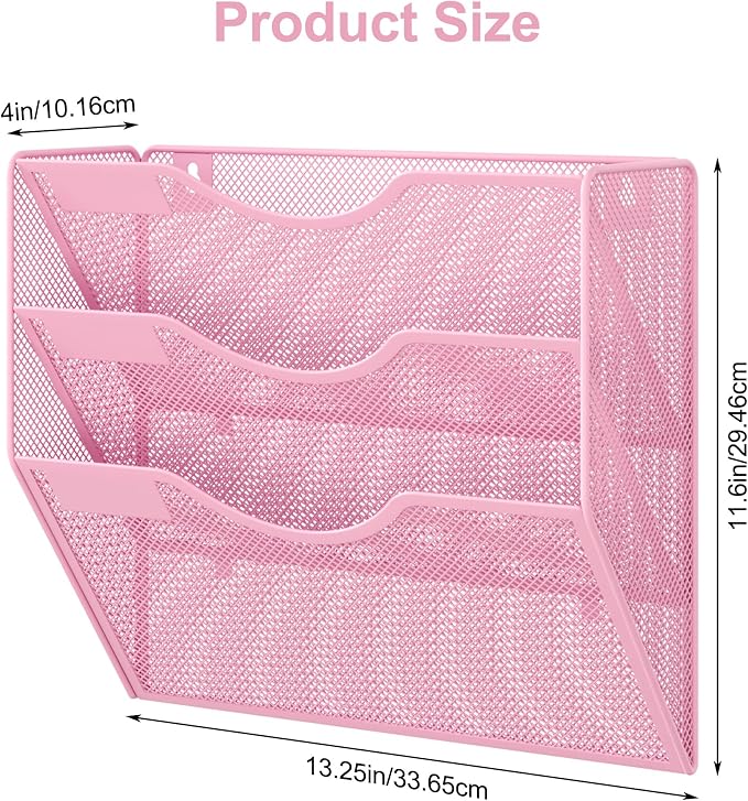 EasyPAG 3 Pocket Mesh Wall File Organizer, Hanging Paper Folder Holder with Classify Label, Vertical Wall Mount Mail Organizer for Office Home Classroom, Pink - Image 7