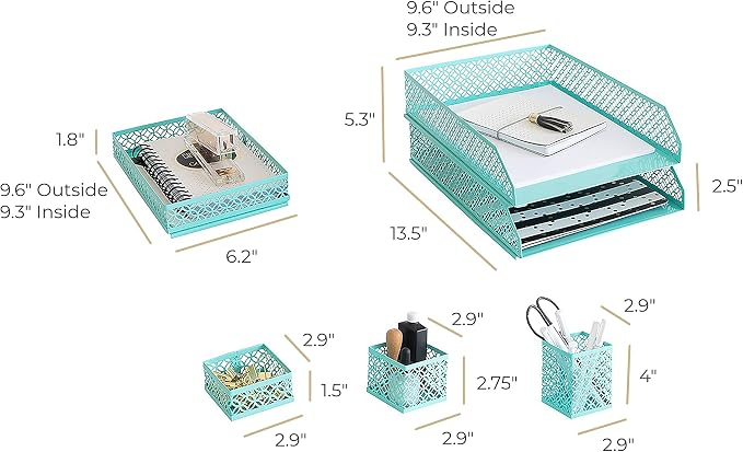 BLU MONACO | Aqua Desk Organizer Set for Women 6 Piece | Mail Sorter Organizer Countertop with Letter Sorter for Desk | Standing File Organizer with Mesh Pen Holders - Image 6