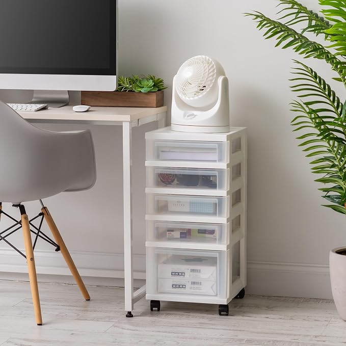 IRIS USA 5-Drawer Rolling Storage Cart with Organizer Top, White/Clear | Keep craft supplies, office essentials, classroom items, and accessories organized with easy-access drawers for daily use - Image 9