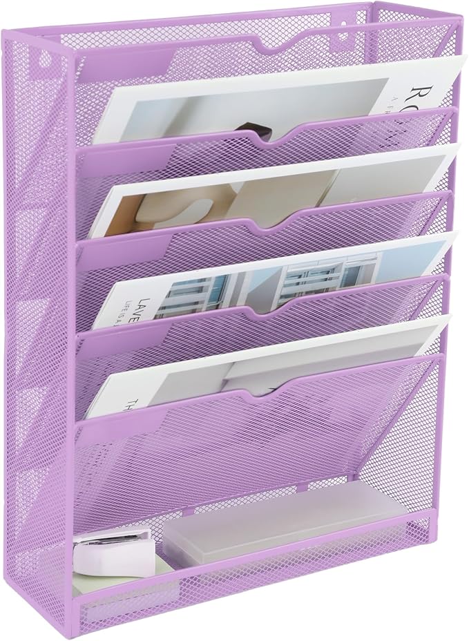 6 Tier Mesh Hanging Wall File Organizer, Desk Vertical Mail Paper Document Folder Holder Rack with Bottom Tray and Nametag Label for Office Home School, Light Purple - Image 8