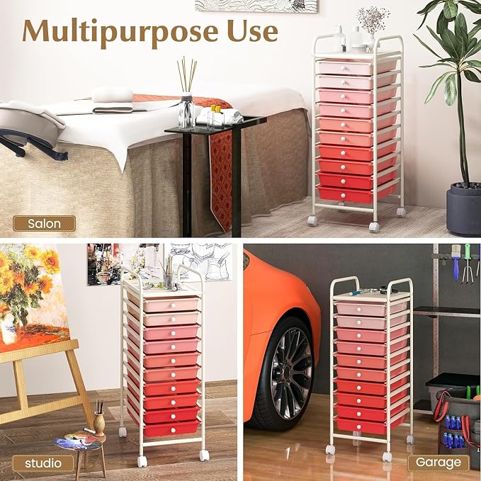 Storage Cart, Rolling Utility Cart with 10 Drawers, Portable Handles & Lockable Wheels, Mobile Paper Toys Storage Organizer Large Capacity for Home Office School Teacher (Gradient Pink) - Image 8