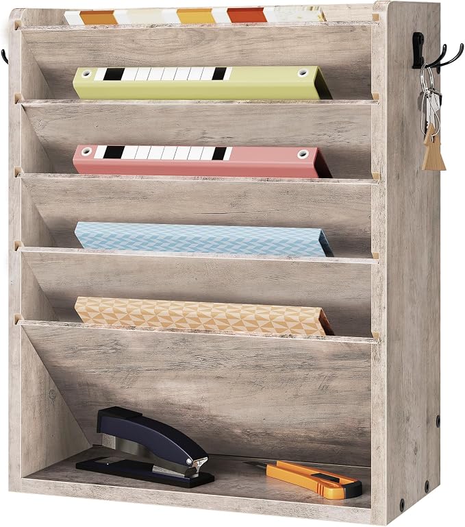 Wall File Organizer, 6-Tier Vertical Mount Hanging Holder with 2 Side Hooks, Modern Wooden Magazine Storage Holder with Bottom Tray, Desk Organizer, for Office, Home, Greige MWJ01FH - Image 9