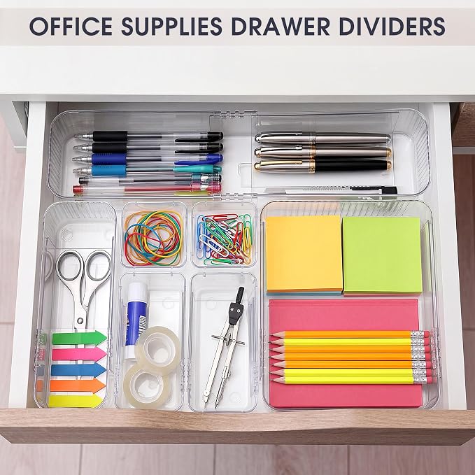 Aneco 20 Pieces Extendable Clear Drawer Organizer Adjustable Vanity Storage Box 4-Size Desk Drawer Divider Acrylic Storage Bins for Makeup, Cosmetic, Jewelries, Bedroom Kitchen Utensils Gadgets - Image 7
