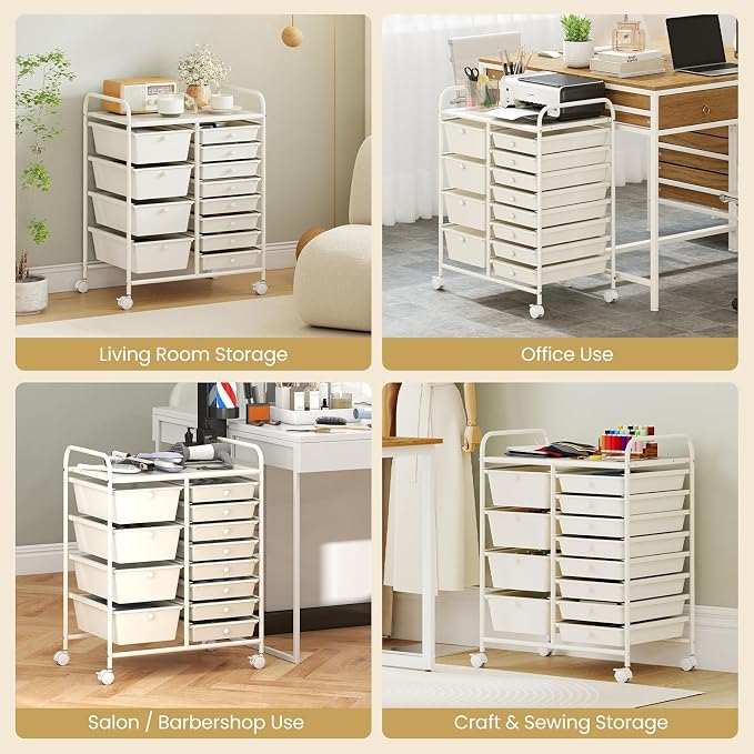 Giantex 12 Drawer Rolling Cart with Drawers, Storage Organizer Cart for Classroom Office School Teacher, Mobile Drawer Cart for Tools, Crafts, Small Printer, Ivory - Image 9