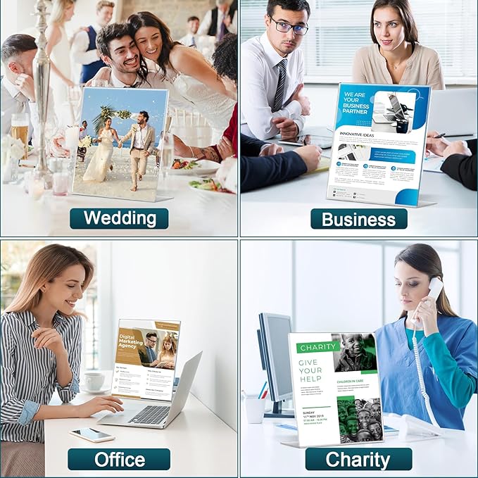 12 Pack Acrylic Sign Holder 8.5x11 Inches, Clear Plastic Table Paper Display Stand, L-Shape Vertical Menu Holder Stand, Clear Picture Photo Flyer Display Stand for Restaurants, Store, Office Desktop