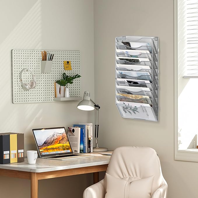 EasyPAG Wall File Organizer for Office 10 Pocket Mesh Wall Mounted Paper Organizer Hanging Folder Holder with Nametag Label for Home School, Silver - Image 8