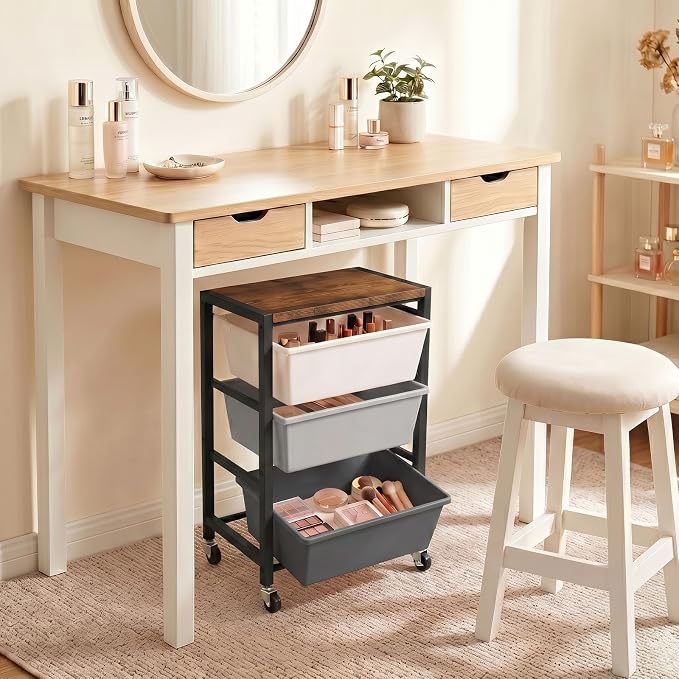 Rolling Cart with 3 Drawers, Plastic Drawer Storage Carts with Lockable Wheels & Wooden Tabletop, Metal Art Craft Utility Cart Organizer for Home Office Bedroom Dorm Bedside Classroom, Dark Gray - Image 8