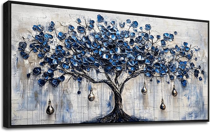 XIGUANGART Tree of Life Large Wall Art Modern Abstract Paintings Watercolor Blue Farmhouse Framed Artwork Tree & bell Canvas Prints Pictures Wall Decor for Living Room Bedroom Home Office Decoration