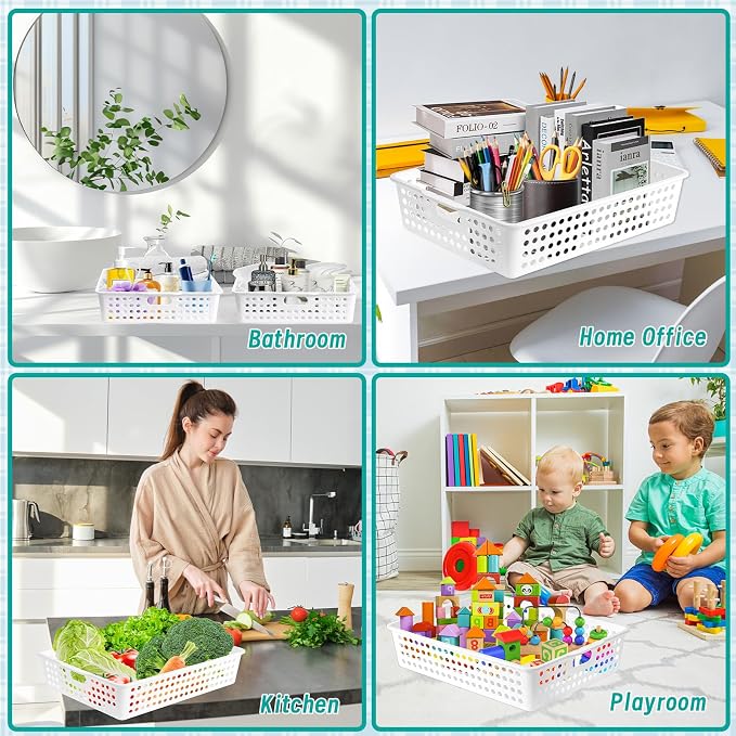 12 Pcs Plastic Storage Baskets Bulk 14 x 10 In Stackable Storage Bin with Handles A4 Size Desktop File Letter Organizer Tray Multi-purpose Container for Shelve Desktop Classroom Office Home Playroom - Image 7