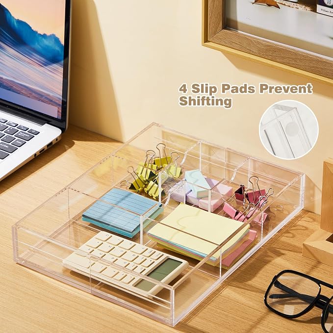 Briwooody 2 Pcs Acrylic Desk Drawer Organizer Maximum 12 x 18 x 2.1 Inch Expandable Drawer Organizer Trays with 8 Adjustable Compartments Desk Accessories for Makeup Silverware Office Bathroom - Image 6