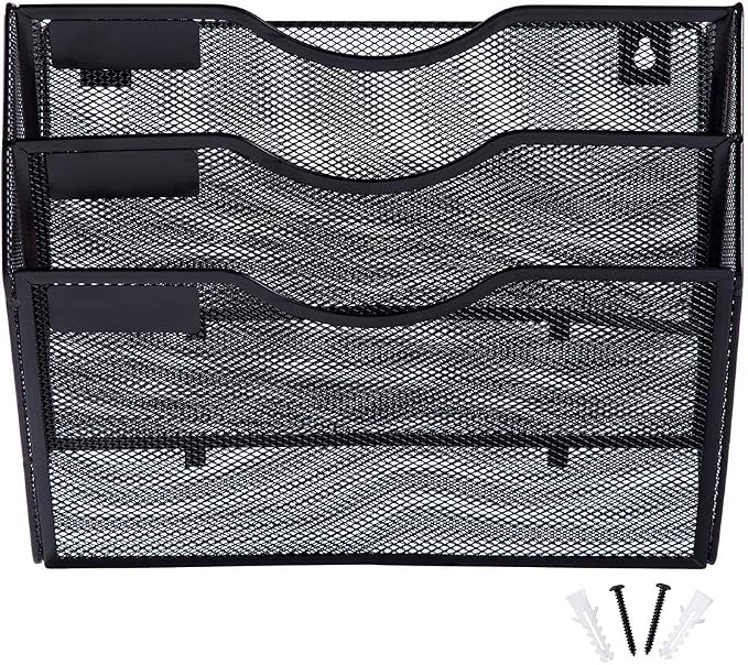 3 Pocket Mesh Hanging Wall File Organizer, Wall Mounted Mail Paper Document Folder Holder, Clipboard Storage Organization Magazine Rack with Nametag Label for Office Home School, Black - Image 8